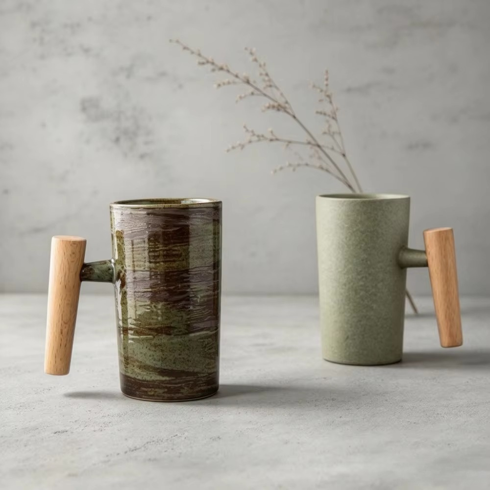 Japanese Pottery - Cangkir Kopi Keramik dengan Gagang Kayu,